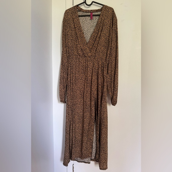 Robe longue léopard fendue manches longues maxi dress split wrap long sleeves - Picture 4 of 5